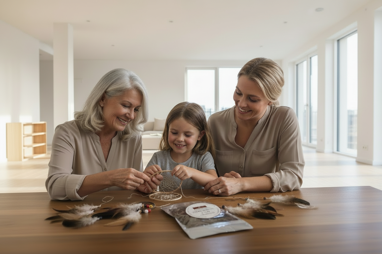 Three generations of women crafting with feathers at a table in a kitchen.